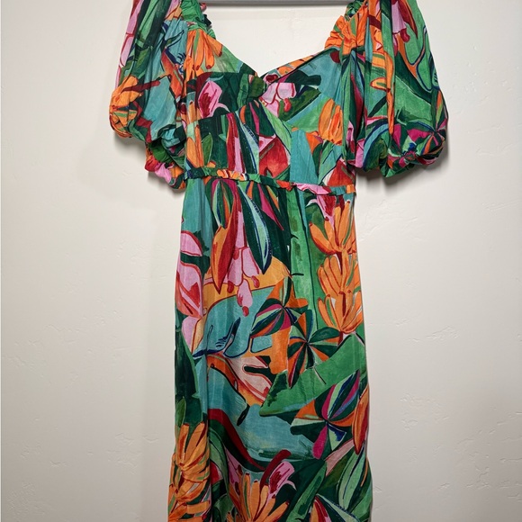 Farm Rio Banana Foliage Multicolor Puff-Sleeve Voile Midi-Dress NWT Size Small - Picture 7 of 14